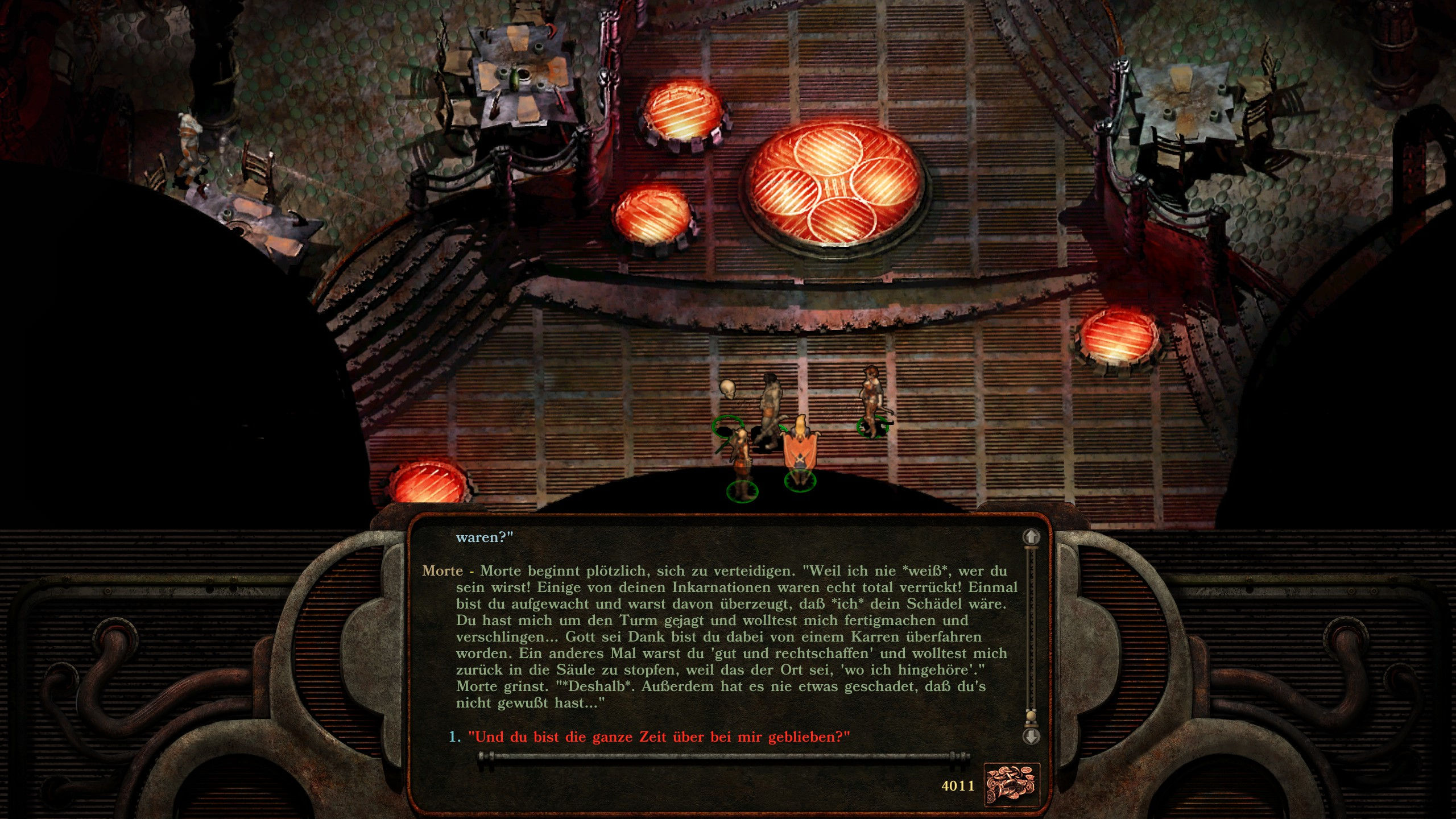 Screenshot aus der Planescape: Torment: Enhanced Edition. Zu sehen ist die Bar „Zur schwelenden Leiche“. Die Hälfte des Bildschirms wird vom Text eines langen Dialoges eingenommen. 