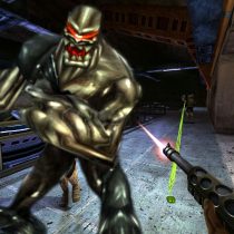Screenshot von Turok 3: Shadow of Oblivion Remastered. Zu sehen ist eine Kampf-Szene im Spiel. Fremdartige Wesen attackieren den Spieler, der sich mit einem Gewehr verteidigt.