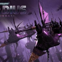 Drukhari Artwork von Warhammer 40,000: Gladius - Relics of War. Zu sehen sind Korsaren-Schiffe der Dark Eldar, die in einer düsteren Welt fliegen.
