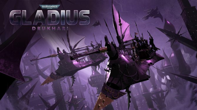 Drukhari Artwork von Warhammer 40,000: Gladius - Relics of War. Zu sehen sind Korsaren-Schiffe der Dark Eldar, die in einer düsteren Welt fliegen.