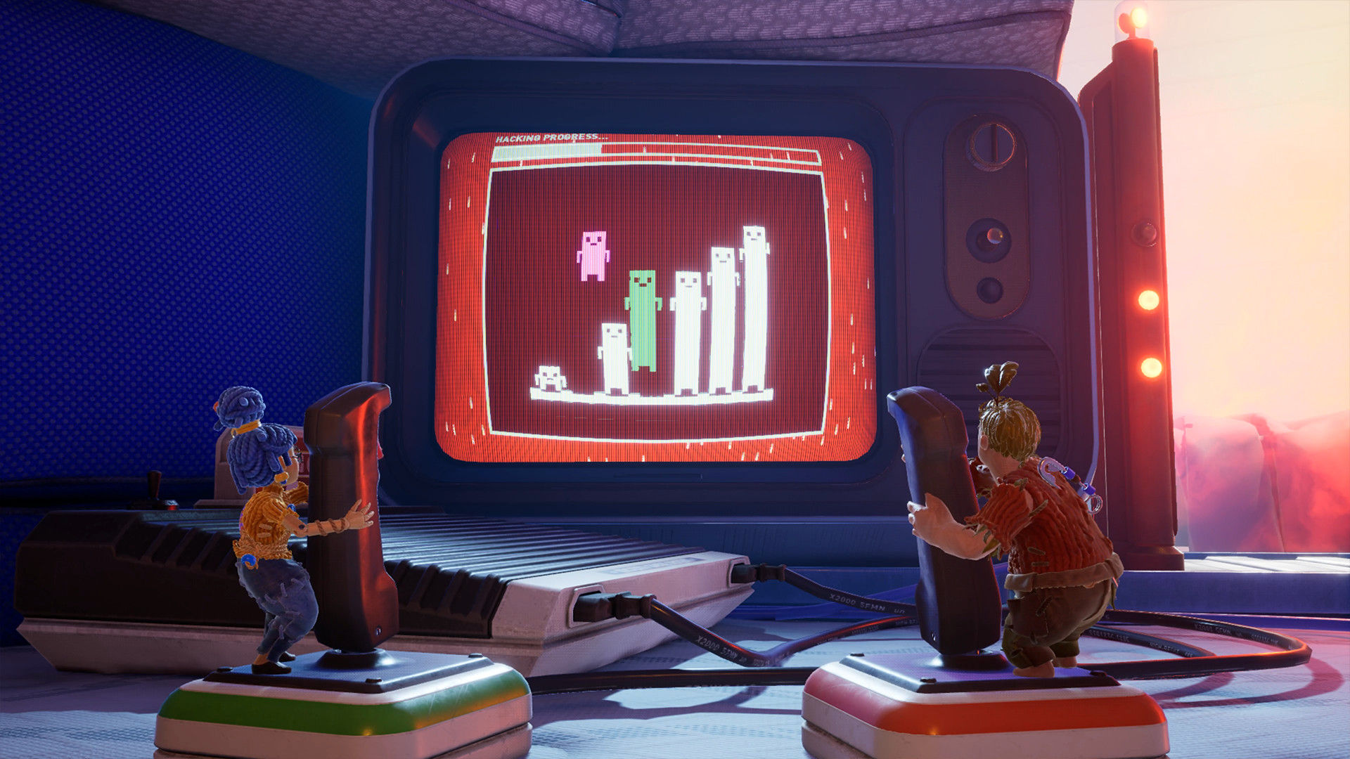 Screenshot aus It Takes Two. Zu sehen sind die beiden Titelhelden, welche jeweils einen Joystick einer alten Spielekonsole bedienen. 