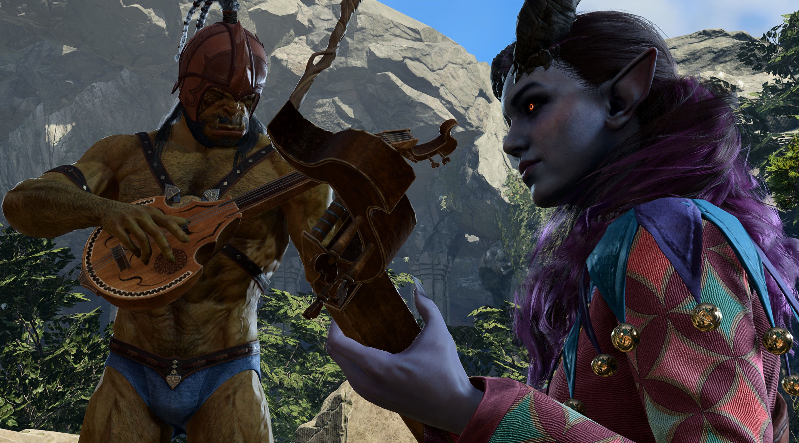 Screenshot Baldur's Gate 3. Zu sehen ist ein Halbork, der gemeinsam mit der Tieflingsdame Alfira musiziert. Der Halbork wirkt angestrengt. 