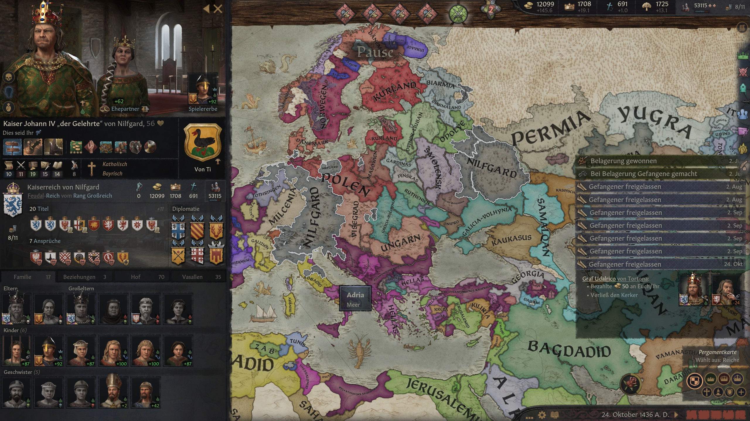 Screenshot Crusader Kings 3. Zu sehen ist ein Ausschnitt der Weltkarte des Globalstrategiespiels und die Übersicht der aktuellen Spielfigur. Die Titel, Ehepartner, Bündnisse und viele weitere Infos zeigen, wie komplex das Mittelalter-Spiel ist. 