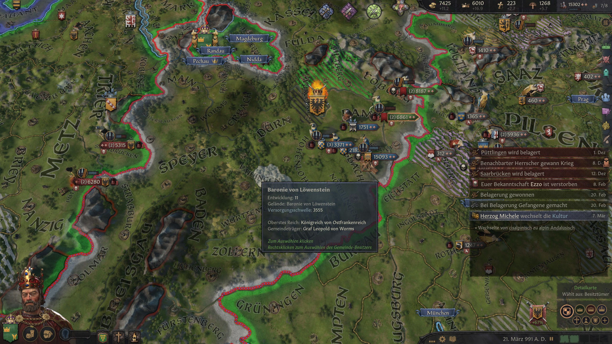 Screenshot Crusader Kings 3. Zu sehen Ausschnitt der Spielwelt. Zahlreiche Armeen bewegen sich, belagern Festungen oder schlagen Schlachten. 