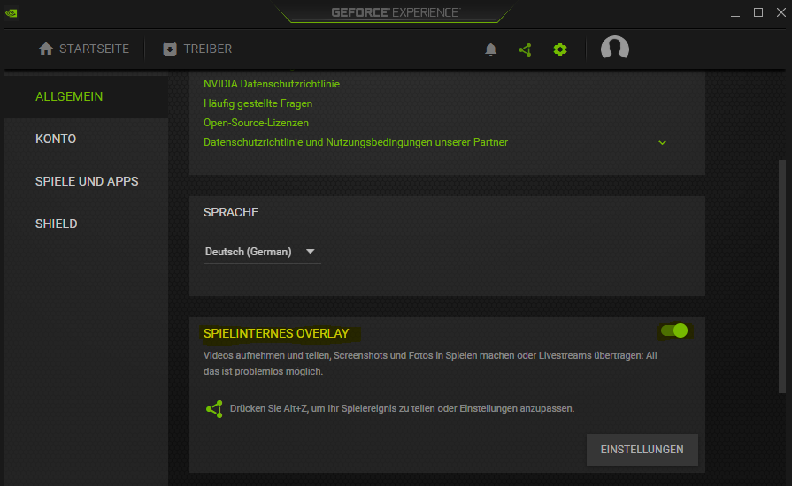 Screenshot der Einstellungen von GeForce Experience. Hier kann das Overlay aktiviert und deaktiviert werden. 