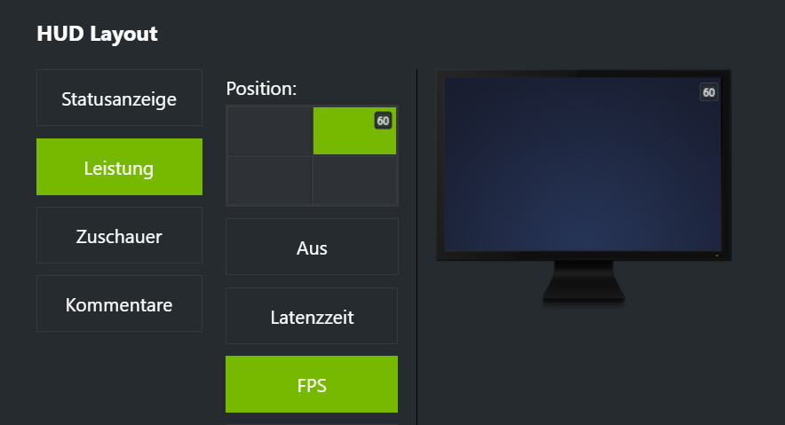 Screenshot des Overlays von ShadowPlay. Zu sehen sind die HUD Layout Optionen, bei denen zusätzliche Informationen wie die FPS-Zahl auf dem Bildschirm angezeigt werden können. 