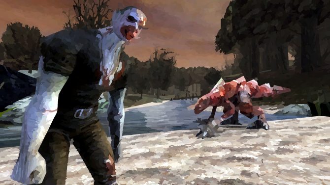 Screenshot aus der Gothic 1 Mod Dolina Zombie. Zu sehen ist ein Lurker, der ebenfalls zum Zombie wurde. Im Vordergrund ist ein menschlicher Zombie vergrößert dargestellt. Das Bild wurde mit einem Kunst-Filter angepasst.