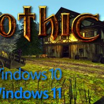 Screenshot aus Gothic 2, aufgenommen auf einem Windows 10 System. Zu sehen ist Orlans Taverne. Im Vordergrund wurde das Gothic 2 Logo, das Win 10 Logo und das Win 11 Logo vergrößert dargestellt.