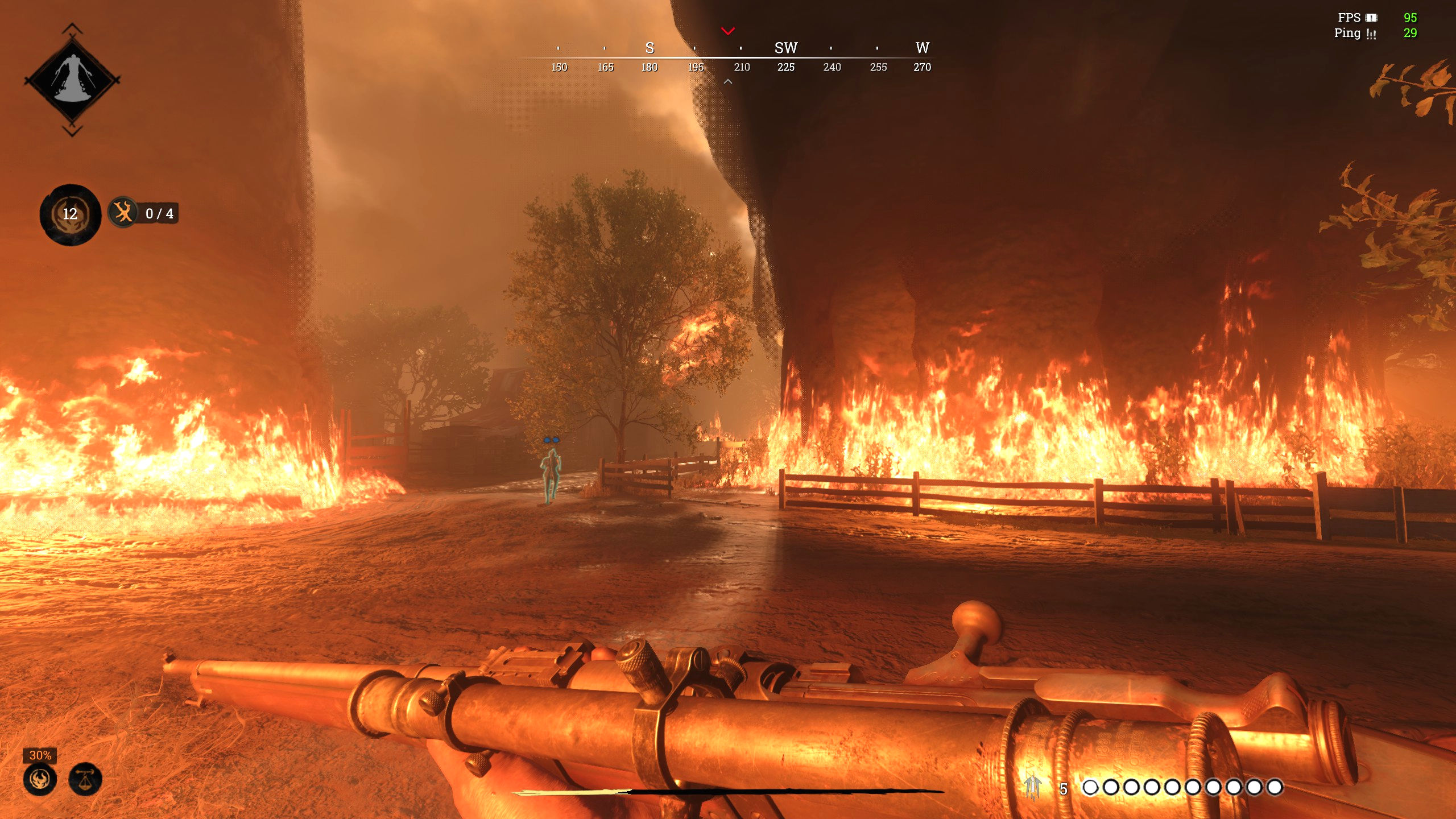Screenshot Hunt: Showdown. Zu sehen ist eine großes Feuer, welches auf den Feldern der Karte lodert. Gigantische Rauchsäulen erheben sich in den Himmel, die Sicht ist von Rauch und Funken getrübt. 