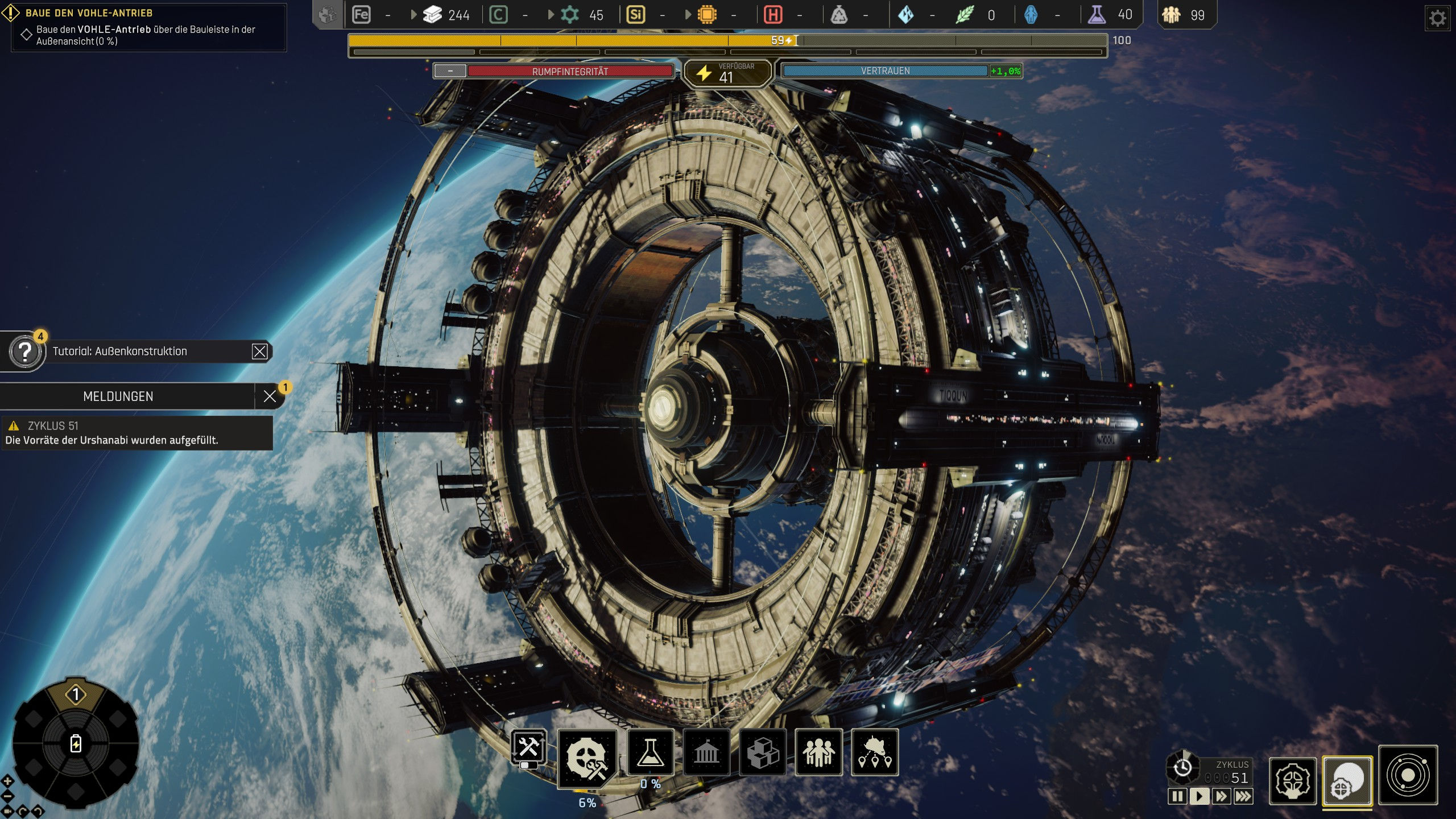 Screenshot IXION. Zu sehen ist das gigantische Raumschiff, mit dem man im Aufbauspiel einen neuen Planeten für die Reste der Menschheit sucht. 