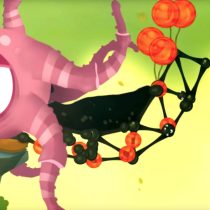 Screenshot aus dem Ankündigungs-Trailer von World of Goo 2. Zu sehen ist ein Tintenfisch-Wesen, aus dessen Mund ein wildes Konstrukt aus Goo-Bällen herausragt. Das Konstrukt wird mit Ballons in die Höhe gehoben.