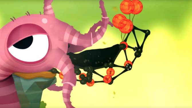 Screenshot aus dem Ankündigungs-Trailer von World of Goo 2. Zu sehen ist ein Tintenfisch-Wesen, aus dessen Mund ein wildes Konstrukt aus Goo-Bällen herausragt. Das Konstrukt wird mit Ballons in die Höhe gehoben.