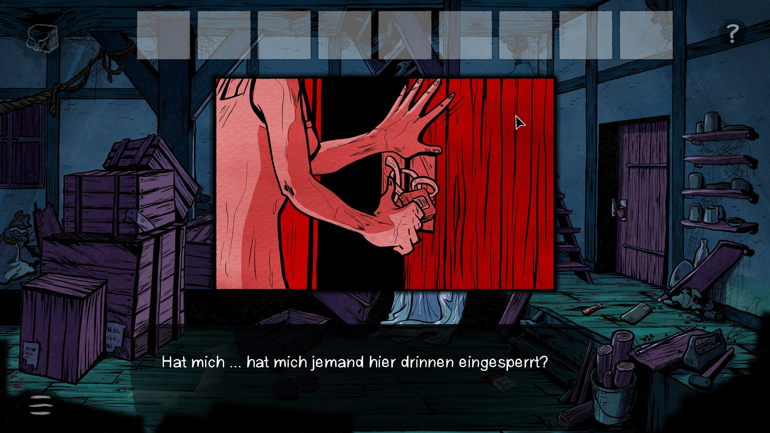 Screenshot A Night at the Watermill. Zu sehen ist die Protagonistin, die versucht eine Tür zu öffnen, die mit einem Vorhängeschloss mit Zahlenkombination versperrt ist. 