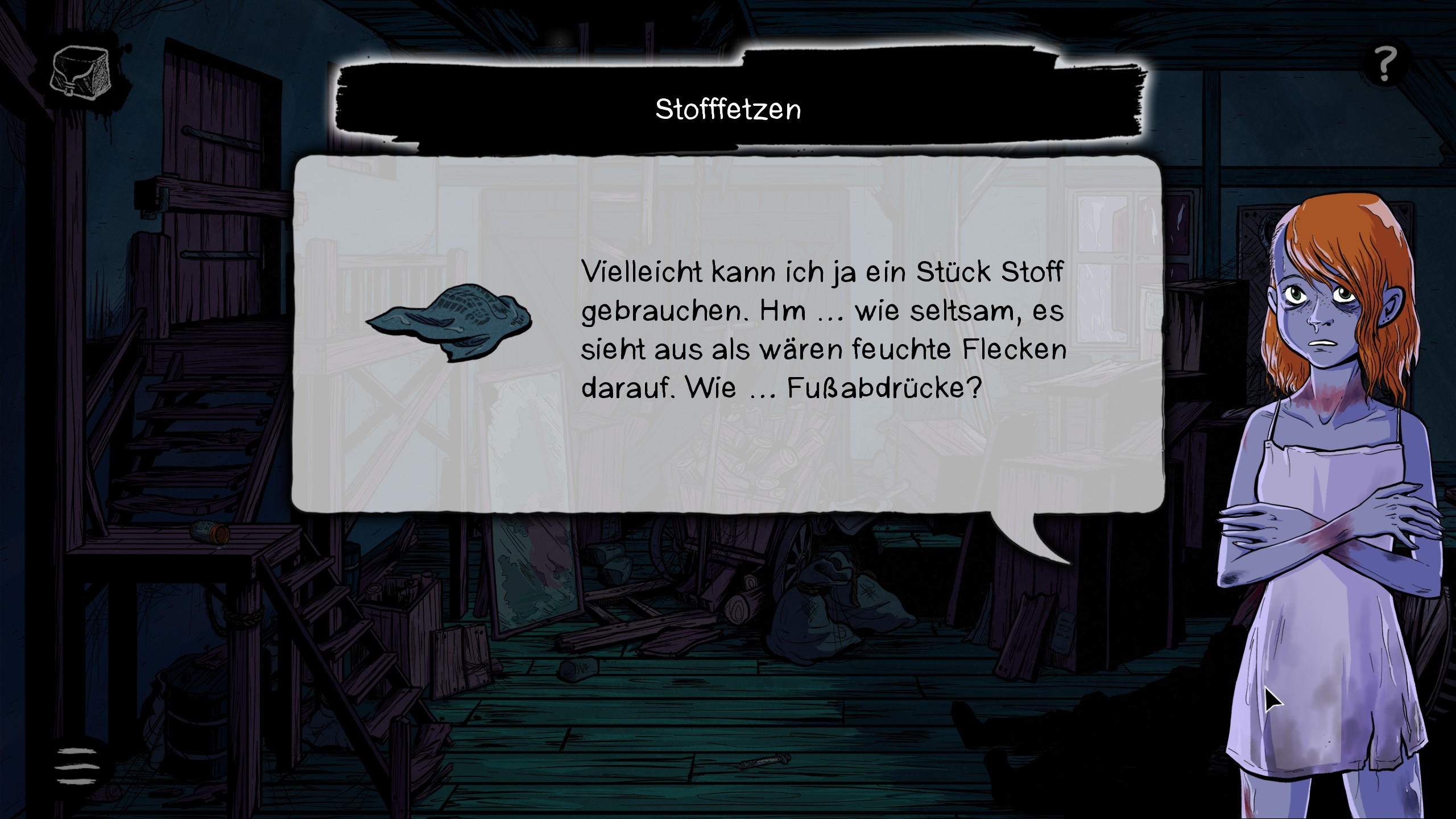 Screenshot A Night at the Watermill. Zu sehen eine Stofffetzen, welcher der Charakter gefunden hat. Der gefundene Gegenstand wird mit einigen Sätzen kommentiert. 
