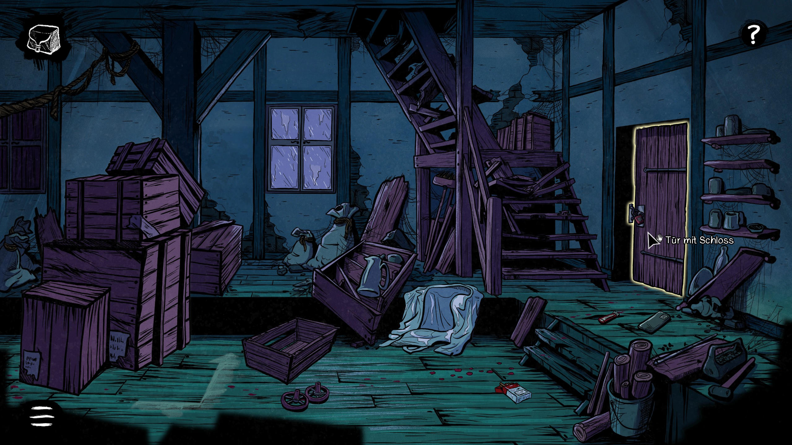 Screenshot A Night at the Watermill. Zu sehen ist ein Raum in der alten Wassermühle. Gegenstände liegen auf dem Boden. 