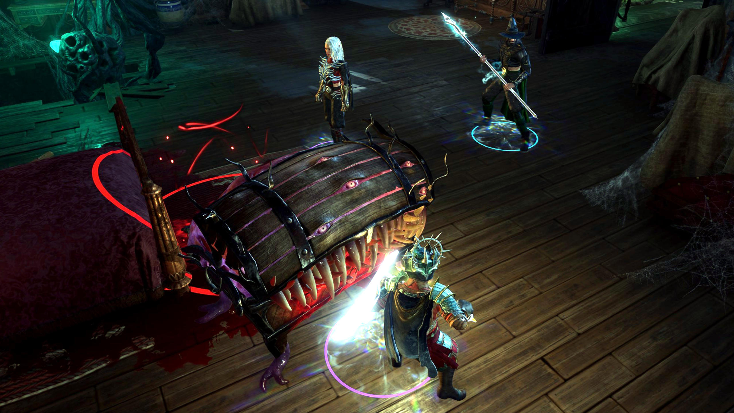 Screenshot Baldur's Gate 3. Zu sehen ist eine Gruppe von Abenteurern im Kampf gegen einen gefräßigen Mimic. Einer der Helden wird von dem Mimics direkt angegriffen. 