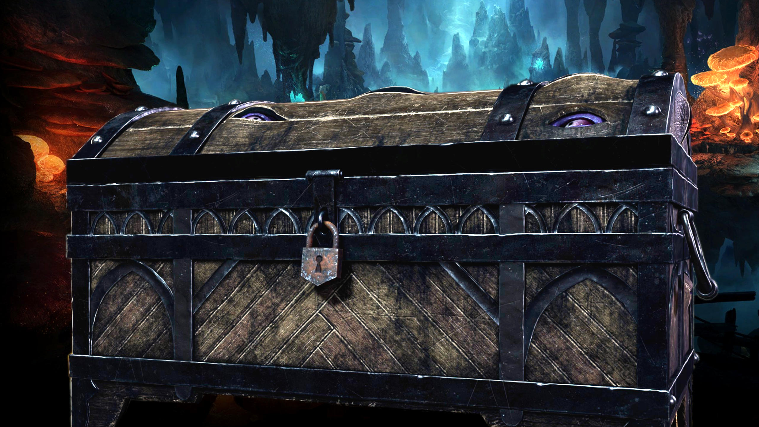 Screenshot Baldur's Gate 3. Zu sehen ist ein Mimic, eine lebendige Truhe, die im Unterreich steht und auf Abenteurer wartet. 