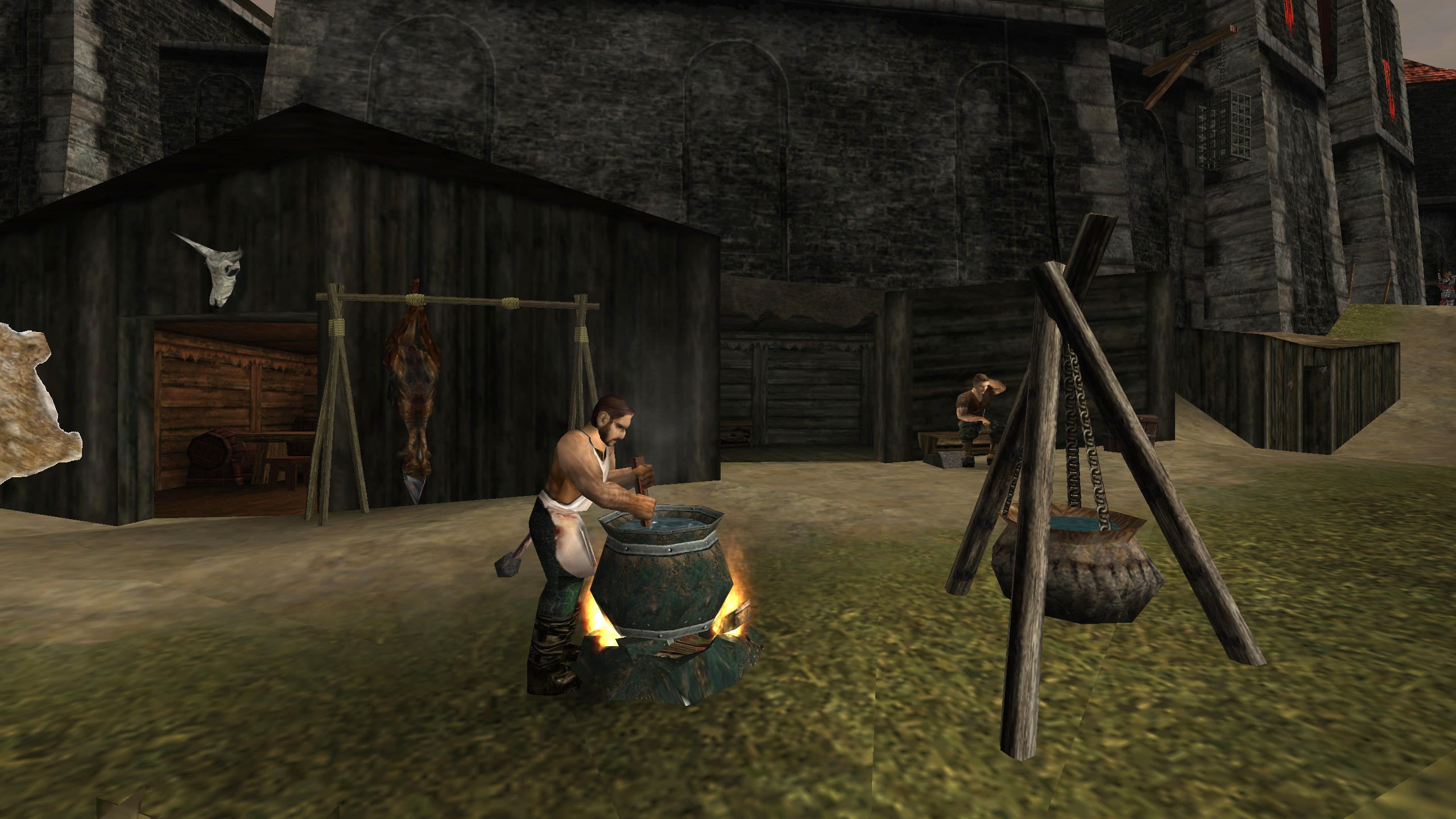 Screenshot aus Gothic 1. Zu sehen ist der Koch Snaf, der sorgsam in einem großen Topf rührt. Im Hintergrund sind die Hütten des Alten Lagers zu sehen, wo schon ein gebratener Scavenger zur weiteren Verarbeitung wartet. 