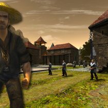 Screenshot aus der Gothic 2 Mod Legend of Ahssun. Zu sehen ist der Held, der mit einem Wolfsmesser auf dem Übungsplatz steht.