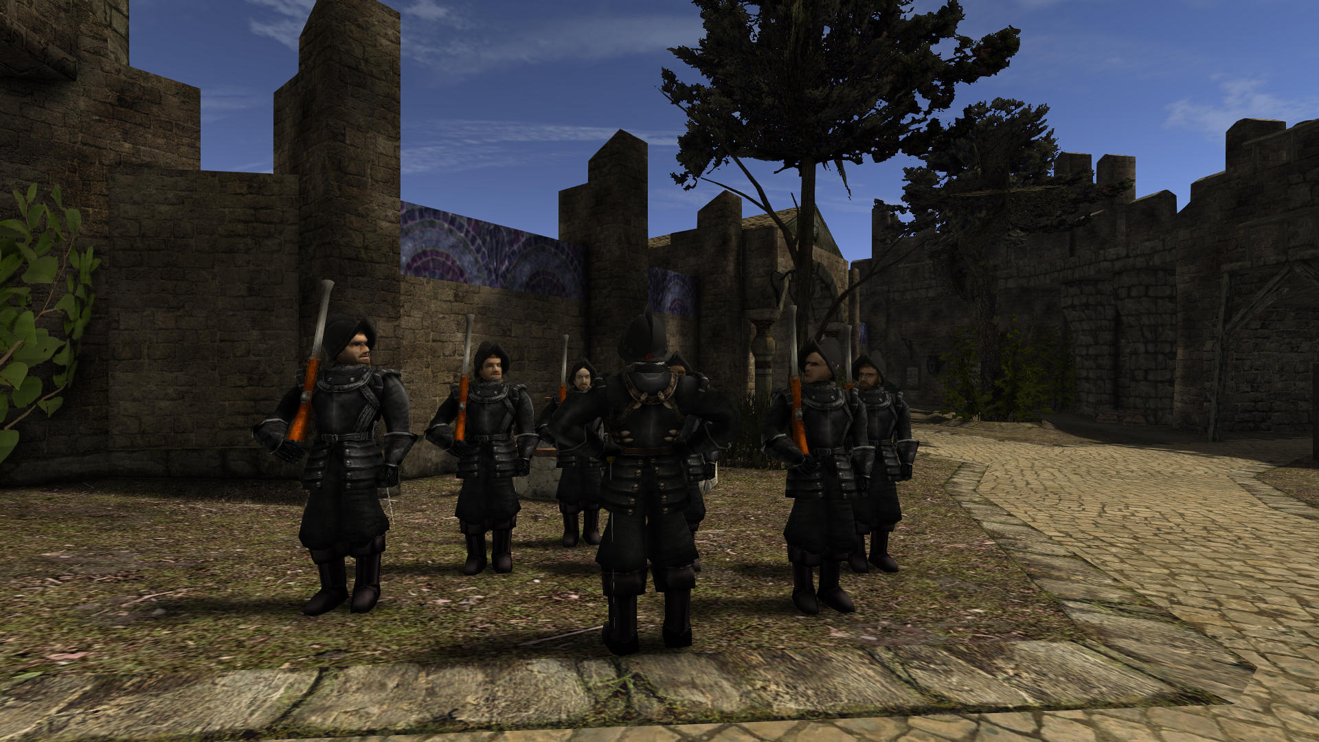 Screenshot Odyssee 2 - Dark Age. Zu sehen sind die Söldner der Hafenstadt Gran Puerto. Die Söldner tragen Rüstungen und Musketen. 