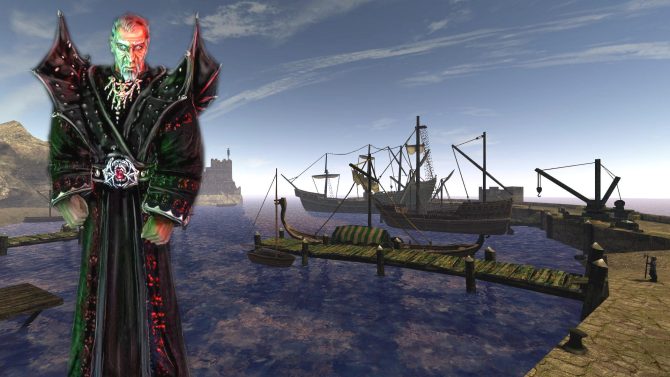Screenshot Odyssee 2 - Dark Age. Zu sehen ist der Hafen der Stadt Gran Puerto. Es sind Schiffe zu sehen, im Hintergrund zeichnet sich eine Festung am Horizont ab. Im Vordergrund ist der Magier Xardas vergrößert dargestellt.