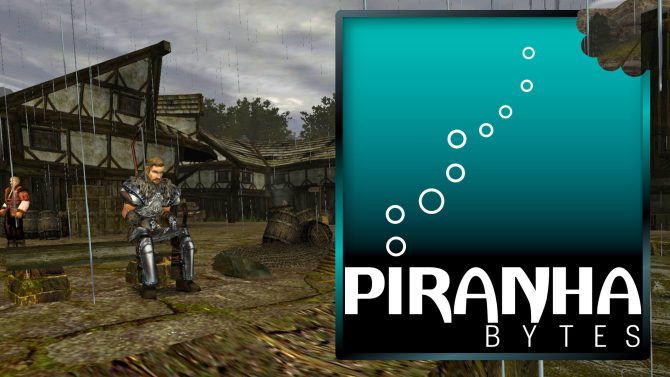 Screenshot von Gothic 2 und Logo der Piranha Bytes. Zu sehen ist der Hafen von Khorinis. Der Held sitzt im Regen. Im Vordergrund ist das Logo der Piranha Bytes hervorgehoben dargestellt.