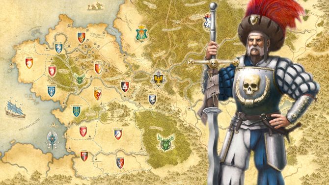 Warhammer: The Old World. Zu sehen ist ein Ausschnitt der Karte der Alten Welt. Im Vordergrund ist ein imperialer Landsknecht vergrößert dargestellt.