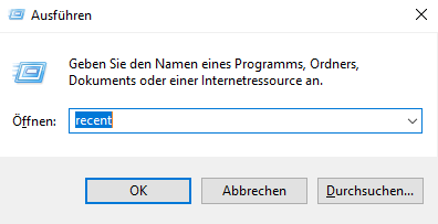 Screenshot des Ausführen-Fenster von Windows 10. Im Textfeld ist „recent“ eingegeben. 