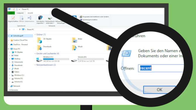 Screenshot von Windows 10 zum Thema zuletzt verwendete Dateien finden. Zu sehen ist eine Übersicht mit Festplatten und Ordnern. Mit einer Lupe ist das Ausführen-Fenster hervorgehoben, in dem „recent“ getippt wurde.