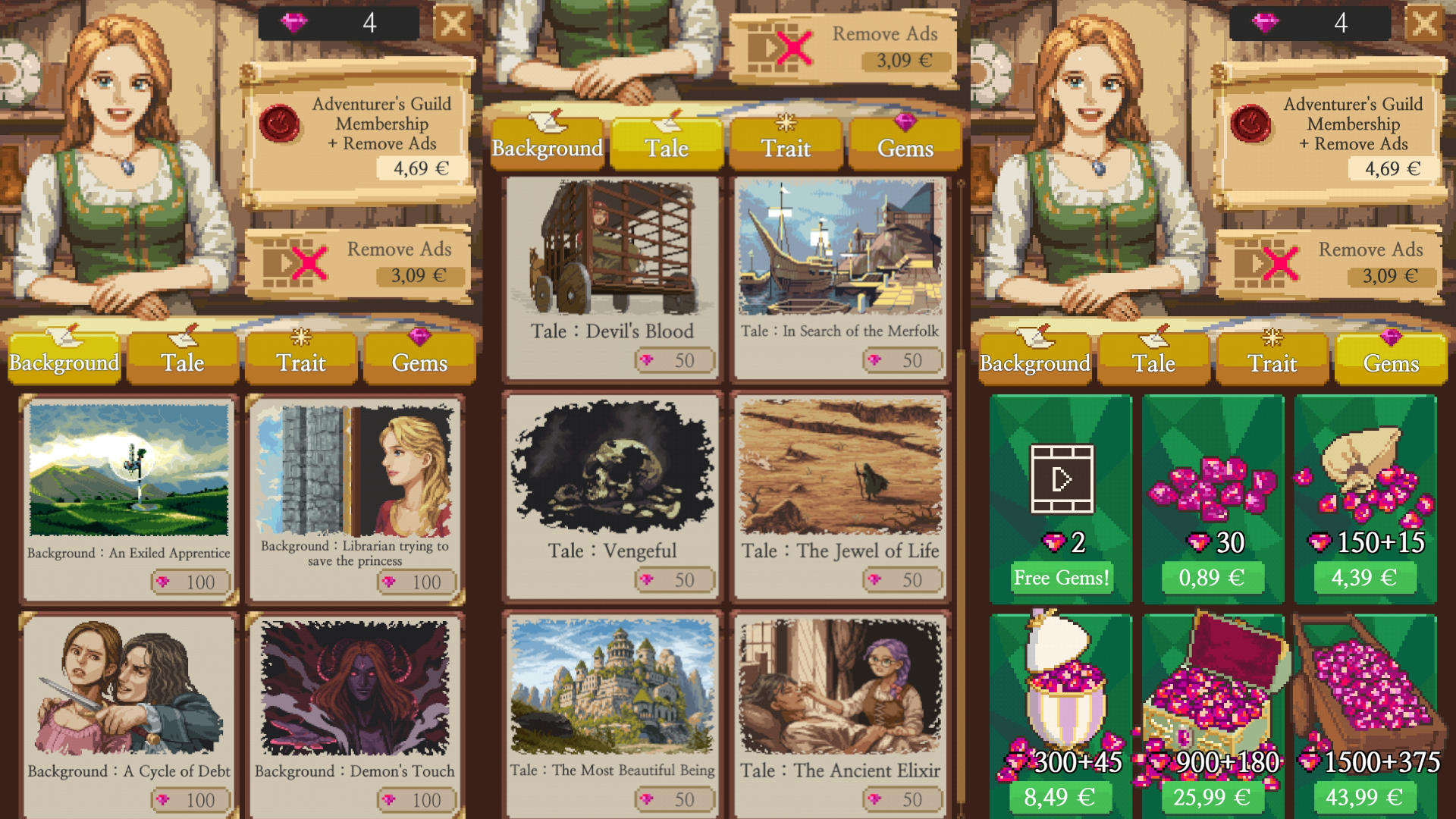 Im Ingame Shop von Life in Adventure könnt ihr Diamanten und kleine Erweiterungen kaufen. Zudem lässt sich die Werbung gegen Echtgeld dauerhaft ausschalten. Zu sehen sind drei zusammengefügte Screenshot, die den Shop des Handy-Spiels zeigen. 