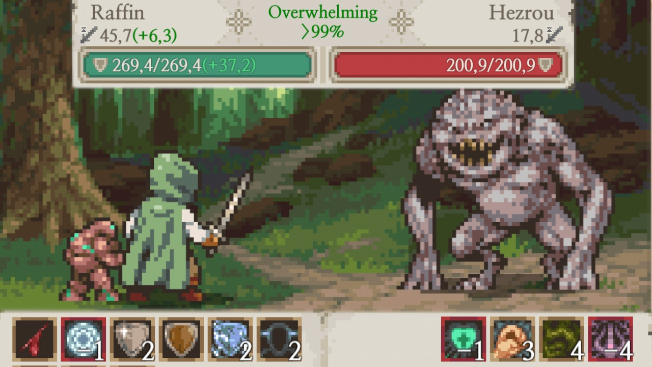Die Kämpfe in Life in Adventure finden in einer eigenen Ansicht statt. Hier kämpft ein Krieger gemeinsam mit einem kleinen Golem gegen eine gewaltige Bestie im Wald. 