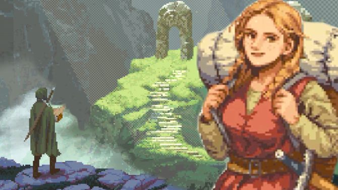 Life in Adventure im Test. Das textbasierte Rollenspiel fürs Handy bietet Pen-and-Paper-Gameplay. Zu sehen ist ein Abenteurer, der auf eine Karte blickt. Im Hintergrund ist ein Gebirge mit einem erleuchteten Steinportal zu sehen. Im Vordergrund ist eine Abenteurerin mit Rucksack zu sehen.