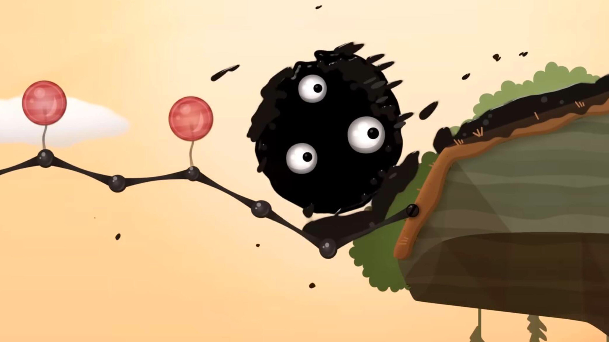 Release-Termin angekündigt: World of Goo 2 soll im Mai 2024 erscheinen. Auf dem Screenshot sehen wir einen besonders großen Goo-Ball, der sich auf einer schmalen Goo-Brücke über einen Abhang rollt.