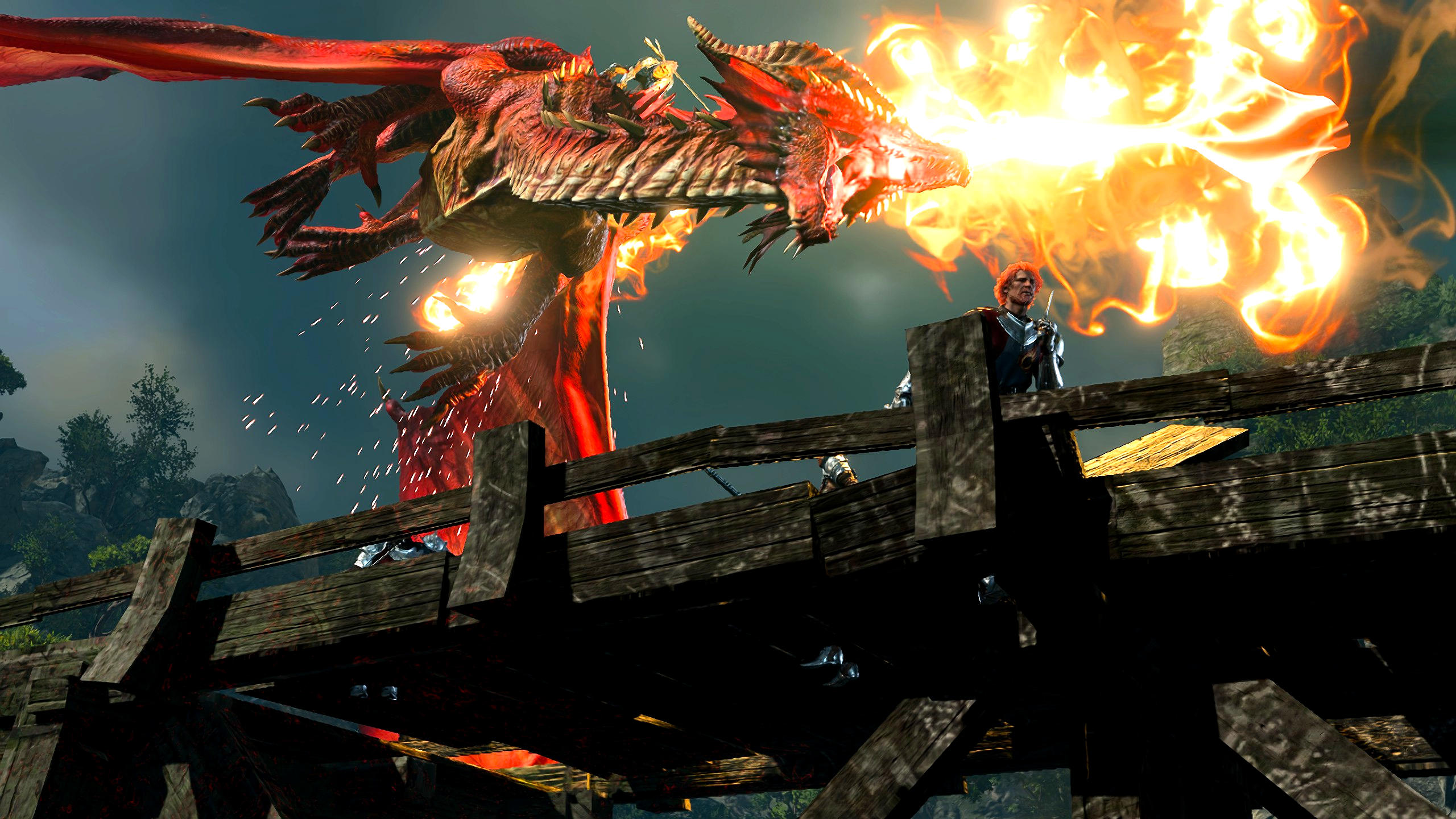 Baldur's Gate 3: Ein roter Drache spuckt Feuer und zerstört im Sturzflug eine Brücke. Einige Soldaten flüchten panisch vor dem Angriff. 