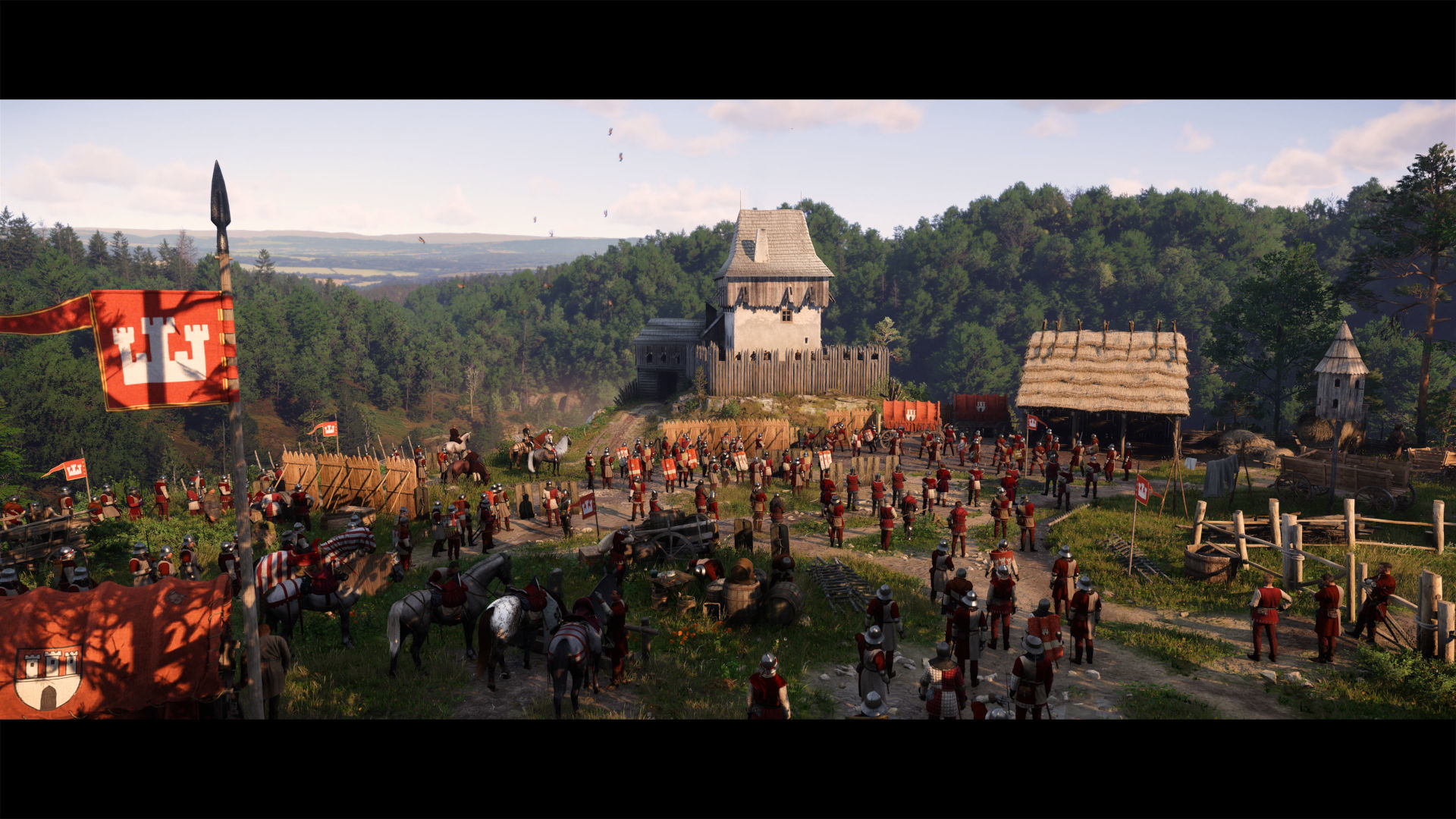 Kingdom Come 2 wird vermutlich große Schlachten und Belagerungen bieten. Hier sehen wir eine stattliche Belagerungs-Streitmacht, die sich von einem Bergfried aufgestellt hat. 